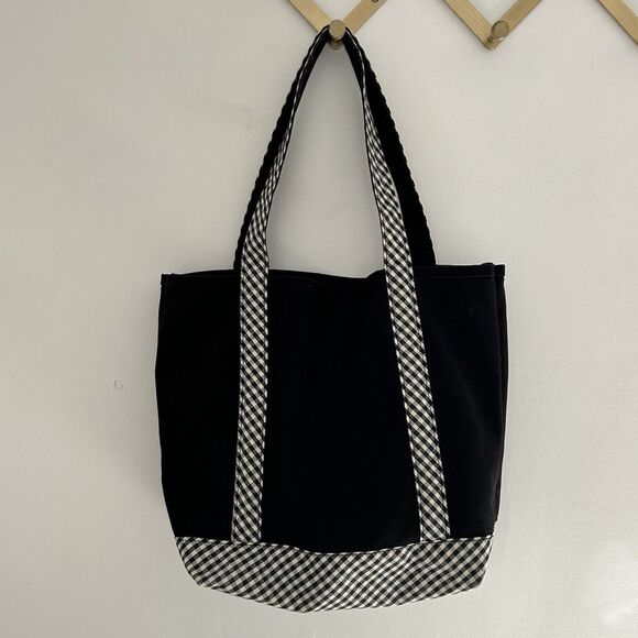 Lands' End Tote Bag Embroidered "Captains" Black with Gingham Canvas Preppy - Picture 6 of 15